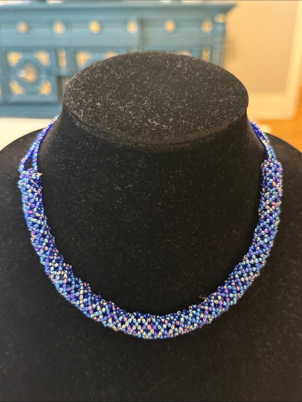 Vintage Native American Style Blue Seed Beaded Choker Collar Statement Necklace